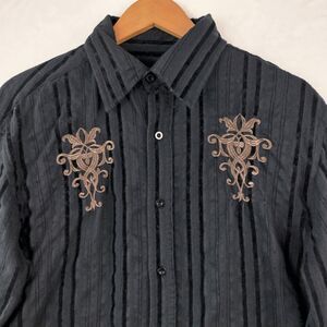 Roar Shirt Men Large Black Embroidered Textured Long Sleeve Button Up Cross Y2K